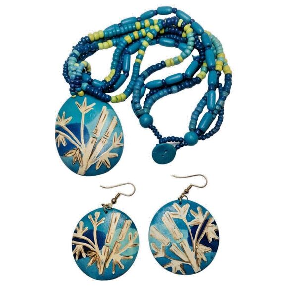 Blue Hawaiian Flower Jewelry Set 18” Earrings Necklace Pendant Bohemian Bamboo - Picture 9 of 12
